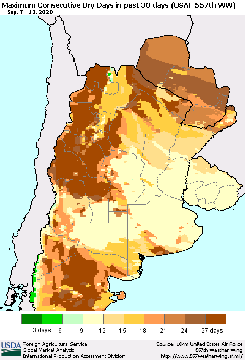Southern South America Maximum Consecutive Dry Days in past 30 days (USAF 557th WW) 09/13/2020 Thematic Map For 9/7/2020 - 9/13/2020