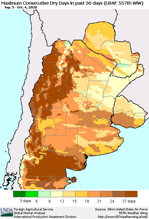 Southern South America Maximum Consecutive Dry Days in past 30 days (USAF 557th WW) 10/04/2020 Thematic Map For 9/28/2020 - 10/4/2020