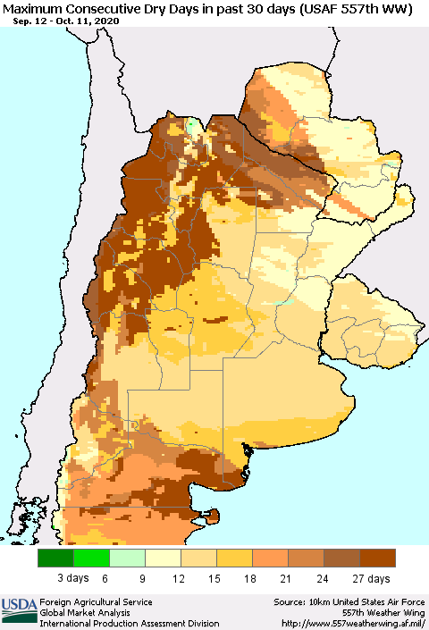 Southern South America Maximum Consecutive Dry Days in past 30 days (USAF 557th WW) 10/11/2020 Thematic Map For 10/5/2020 - 10/11/2020