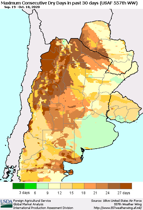 Southern South America Maximum Consecutive Dry Days in past 30 days (USAF 557th WW) 10/18/2020 Thematic Map For 10/12/2020 - 10/18/2020