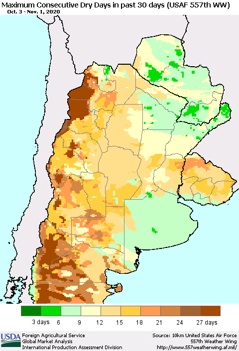 Southern South America Maximum Consecutive Dry Days in past 30 days (USAF 557th WW) 11/01/2020 Thematic Map For 10/26/2020 - 11/1/2020