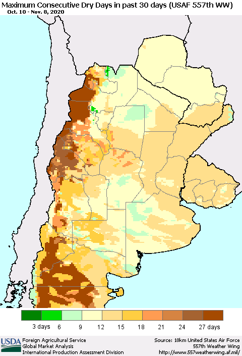 Southern South America Maximum Consecutive Dry Days in past 30 days (USAF 557th WW) 11/08/2020 Thematic Map For 11/2/2020 - 11/8/2020