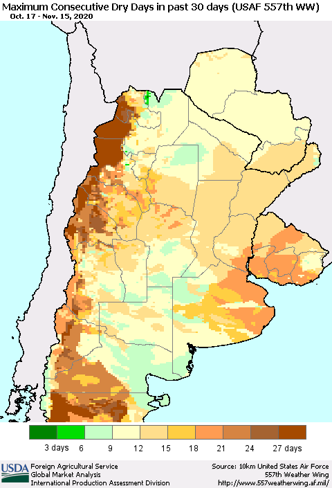 Southern South America Maximum Consecutive Dry Days in past 30 days (USAF 557th WW) 11/15/2020 Thematic Map For 11/9/2020 - 11/15/2020