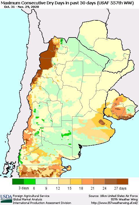 Southern South America Maximum Consecutive Dry Days in past 30 days (USAF 557th WW) 11/29/2020 Thematic Map For 11/23/2020 - 11/29/2020