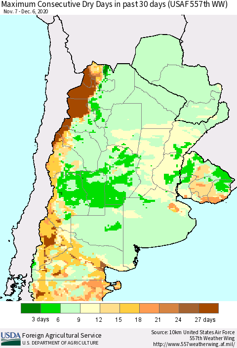 Southern South America Maximum Consecutive Dry Days in past 30 days (USAF 557th WW) 12/06/2020 Thematic Map For 11/30/2020 - 12/6/2020