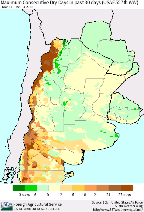 Southern South America Maximum Consecutive Dry Days in past 30 days (USAF 557th WW) 12/13/2020 Thematic Map For 12/7/2020 - 12/13/2020