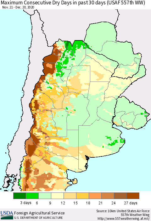 Southern South America Maximum Consecutive Dry Days in past 30 days (USAF 557th WW) 12/20/2020 Thematic Map For 12/14/2020 - 12/20/2020