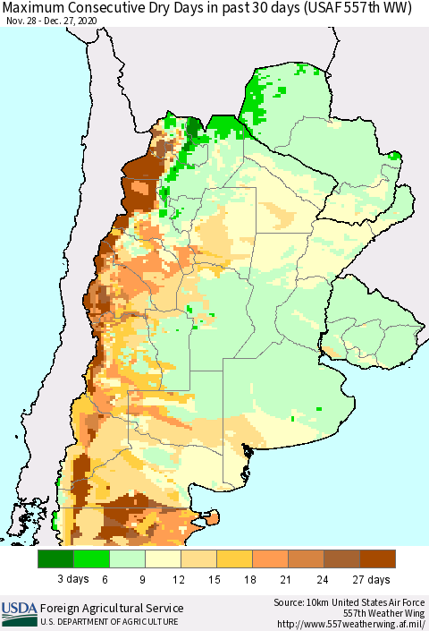 Southern South America Maximum Consecutive Dry Days in past 30 days (USAF 557th WW) 12/27/2020 Thematic Map For 12/21/2020 - 12/27/2020