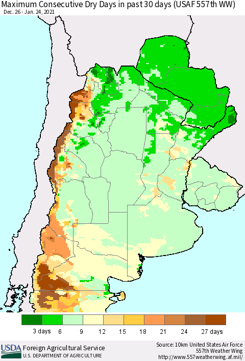 Southern South America Maximum Consecutive Dry Days in past 30 days (USAF 557th WW) 01/24/2021 Thematic Map For 1/18/2021 - 1/24/2021