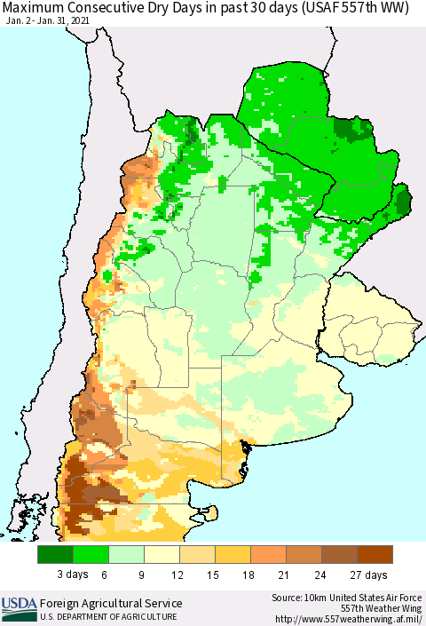 Southern South America Maximum Consecutive Dry Days in past 30 days (USAF 557th WW) 01/31/2021 Thematic Map For 1/25/2021 - 1/31/2021