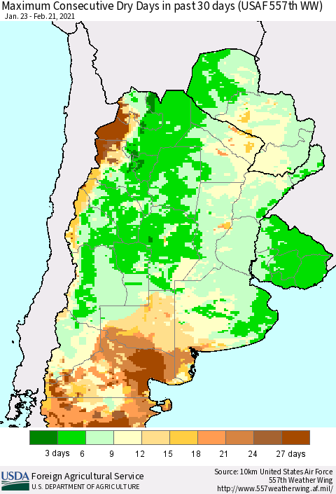 Southern South America Maximum Consecutive Dry Days in past 30 days (USAF 557th WW) 02/21/2021 Thematic Map For 2/15/2021 - 2/21/2021