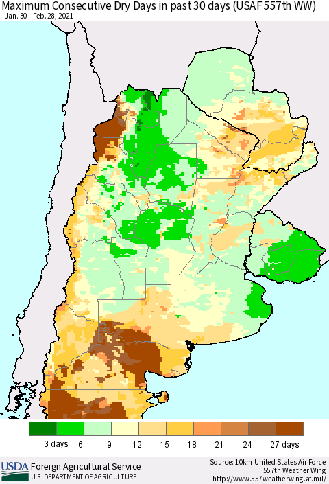 Southern South America Maximum Consecutive Dry Days in past 30 days (USAF 557th WW) 02/28/2021 Thematic Map For 2/22/2021 - 2/28/2021
