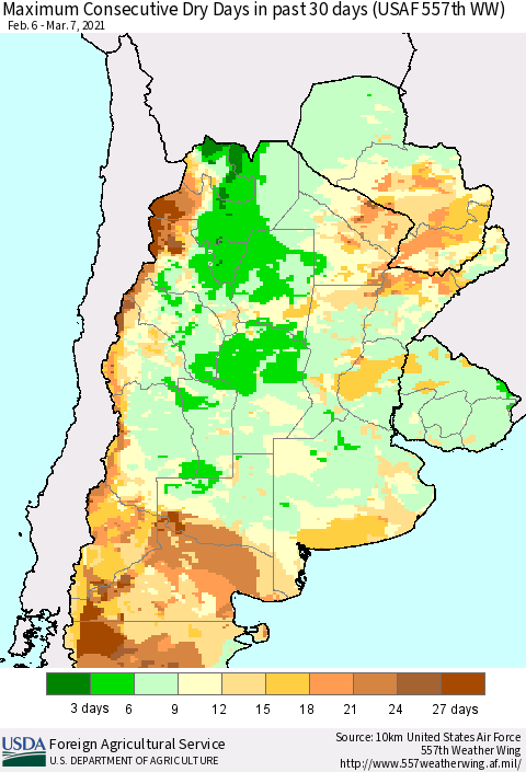 Southern South America Maximum Consecutive Dry Days in past 30 days (USAF 557th WW) 03/07/2021 Thematic Map For 3/1/2021 - 3/7/2021