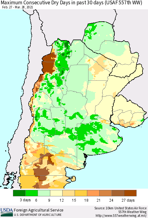 Southern South America Maximum Consecutive Dry Days in past 30 days (USAF 557th WW) 03/28/2021 Thematic Map For 3/22/2021 - 3/28/2021