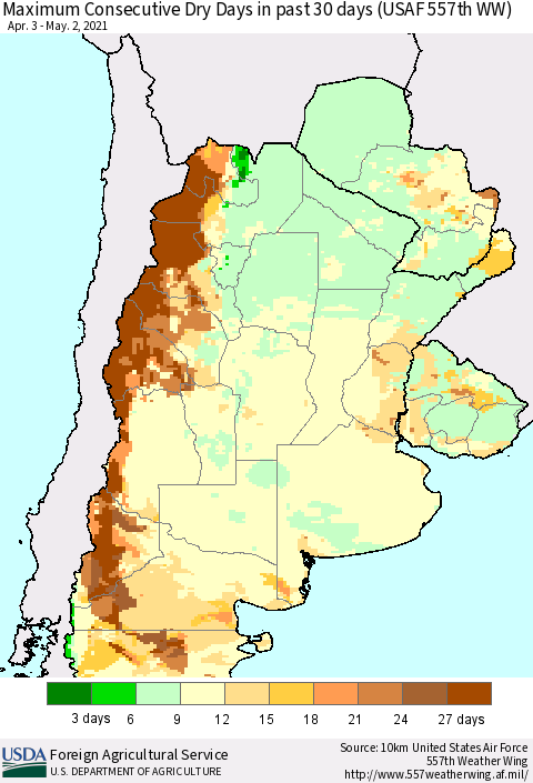 Southern South America Maximum Consecutive Dry Days in past 30 days (USAF 557th WW) 05/02/2021 Thematic Map For 4/26/2021 - 5/2/2021