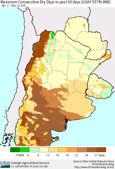 Southern South America Maximum Consecutive Dry Days in past 30 days (USAF 557th WW) 05/16/2021 Thematic Map For 5/10/2021 - 5/16/2021