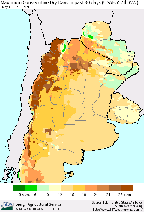Southern South America Maximum Consecutive Dry Days in past 30 days (USAF 557th WW) 06/06/2021 Thematic Map For 5/31/2021 - 6/6/2021