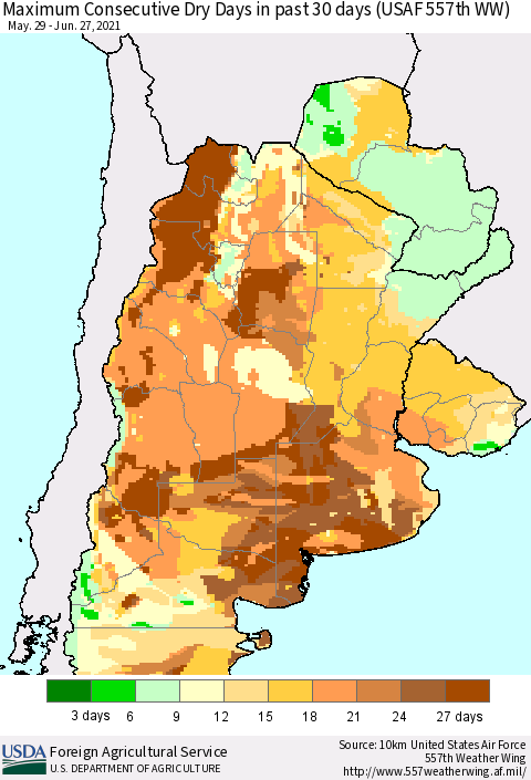 Southern South America Maximum Consecutive Dry Days in past 30 days (USAF 557th WW) 06/27/2021 Thematic Map For 6/21/2021 - 6/27/2021