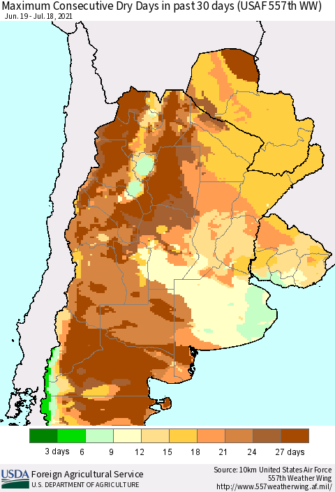 Southern South America Maximum Consecutive Dry Days in past 30 days (USAF 557th WW) 07/18/2021 Thematic Map For 7/12/2021 - 7/18/2021