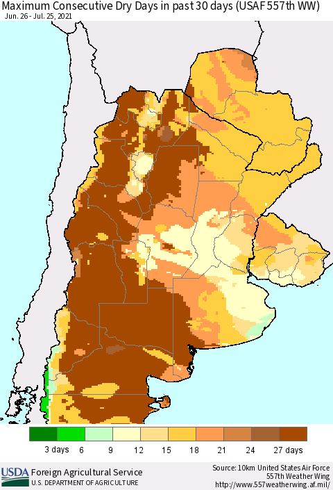 Southern South America Maximum Consecutive Dry Days in past 30 days (USAF 557th WW) 07/25/2021 Thematic Map For 7/19/2021 - 7/25/2021