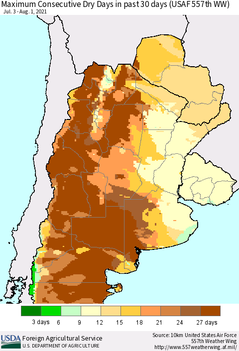 Southern South America Maximum Consecutive Dry Days in past 30 days (USAF 557th WW) 08/01/2021 Thematic Map For 7/26/2021 - 8/1/2021