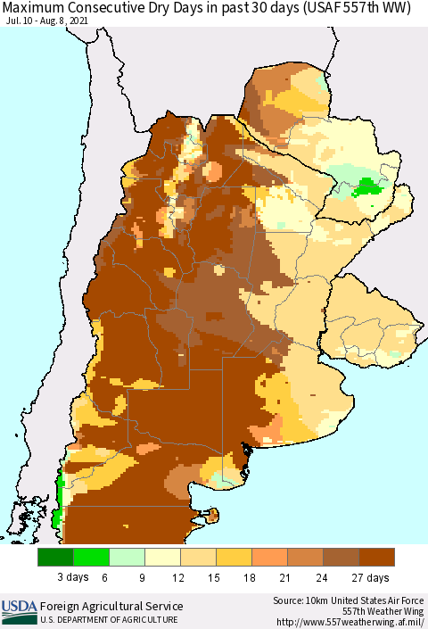 Southern South America Maximum Consecutive Dry Days in past 30 days (USAF 557th WW) 08/08/2021 Thematic Map For 8/2/2021 - 8/8/2021