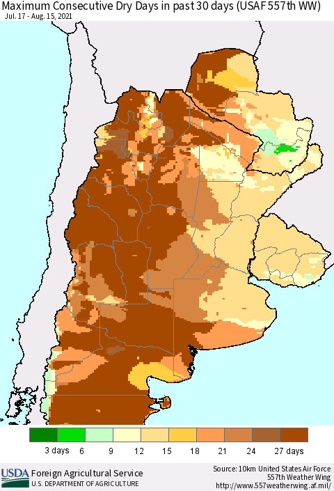 Southern South America Maximum Consecutive Dry Days in past 30 days (USAF 557th WW) 08/15/2021 Thematic Map For 8/9/2021 - 8/15/2021