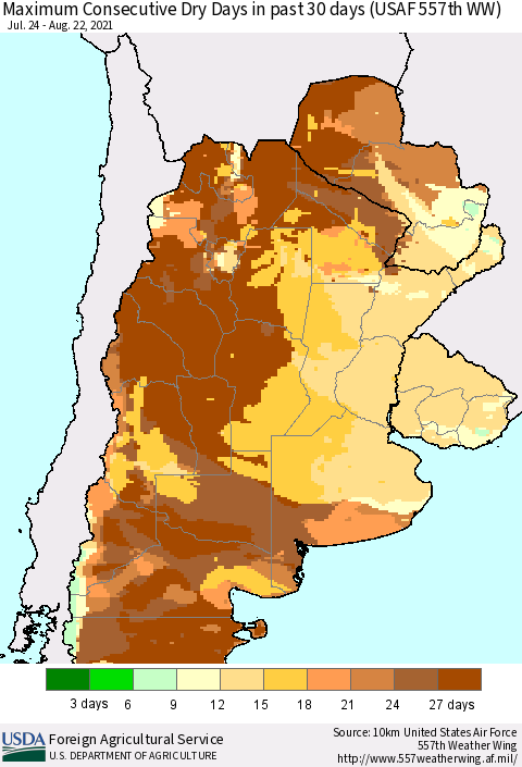 Southern South America Maximum Consecutive Dry Days in past 30 days (USAF 557th WW) 08/22/2021 Thematic Map For 8/16/2021 - 8/22/2021
