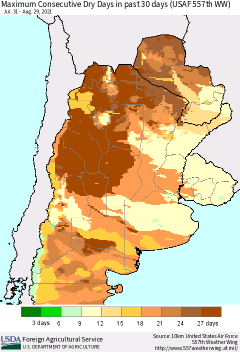 Southern South America Maximum Consecutive Dry Days in past 30 days (USAF 557th WW) 08/29/2021 Thematic Map For 8/23/2021 - 8/29/2021
