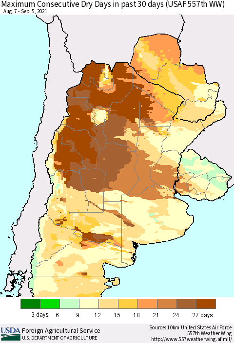 Southern South America Maximum Consecutive Dry Days in past 30 days (USAF 557th WW) 09/05/2021 Thematic Map For 8/30/2021 - 9/5/2021