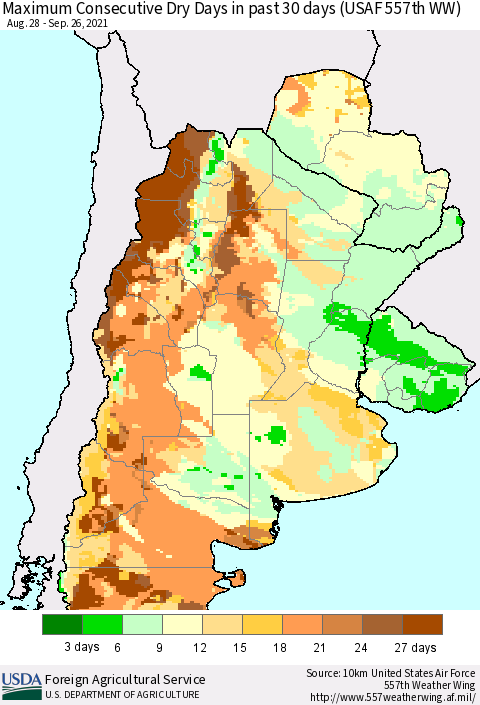 Southern South America Maximum Consecutive Dry Days in past 30 days (USAF 557th WW) 09/26/2021 Thematic Map For 9/20/2021 - 9/26/2021