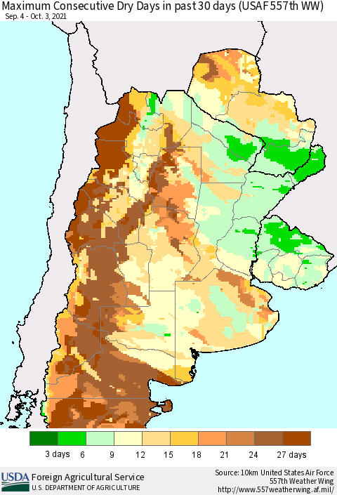 Southern South America Maximum Consecutive Dry Days in past 30 days (USAF 557th WW) 10/03/2021 Thematic Map For 9/27/2021 - 10/3/2021