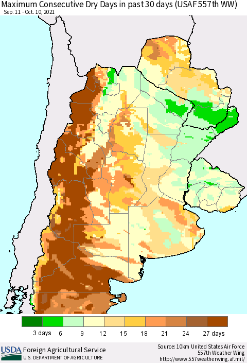 Southern South America Maximum Consecutive Dry Days in past 30 days (USAF 557th WW) 10/10/2021 Thematic Map For 10/4/2021 - 10/10/2021