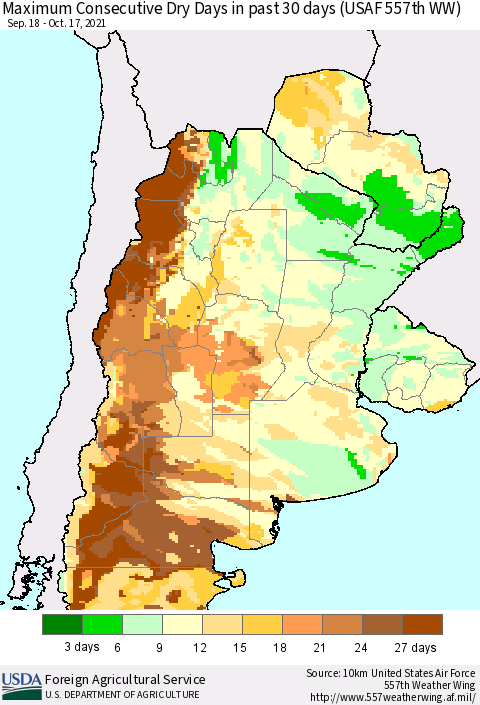Southern South America Maximum Consecutive Dry Days in past 30 days (USAF 557th WW) 10/17/2021 Thematic Map For 10/11/2021 - 10/17/2021