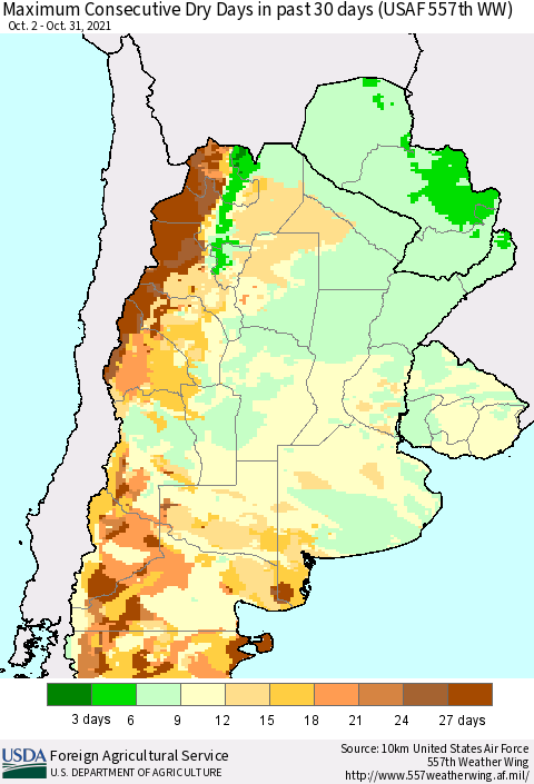 Southern South America Maximum Consecutive Dry Days in past 30 days (USAF 557th WW) 10/31/2021 Thematic Map For 10/25/2021 - 10/31/2021