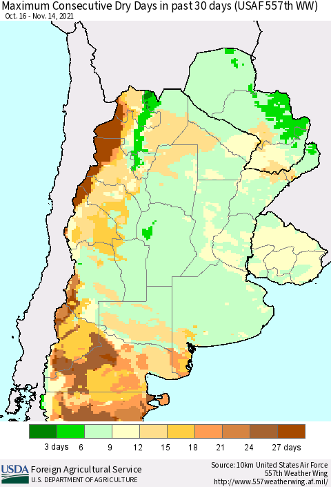 Southern South America Maximum Consecutive Dry Days in past 30 days (USAF 557th WW) 11/14/2021 Thematic Map For 11/8/2021 - 11/14/2021