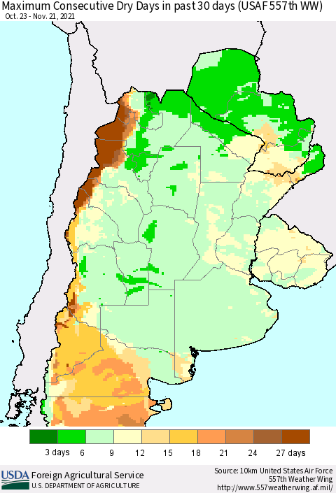 Southern South America Maximum Consecutive Dry Days in past 30 days (USAF 557th WW) 11/21/2021 Thematic Map For 11/15/2021 - 11/21/2021