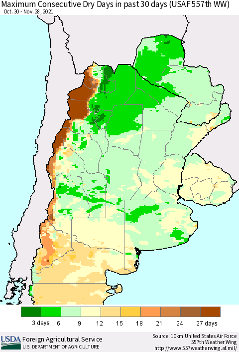 Southern South America Maximum Consecutive Dry Days in past 30 days (USAF 557th WW) 11/28/2021 Thematic Map For 11/22/2021 - 11/28/2021