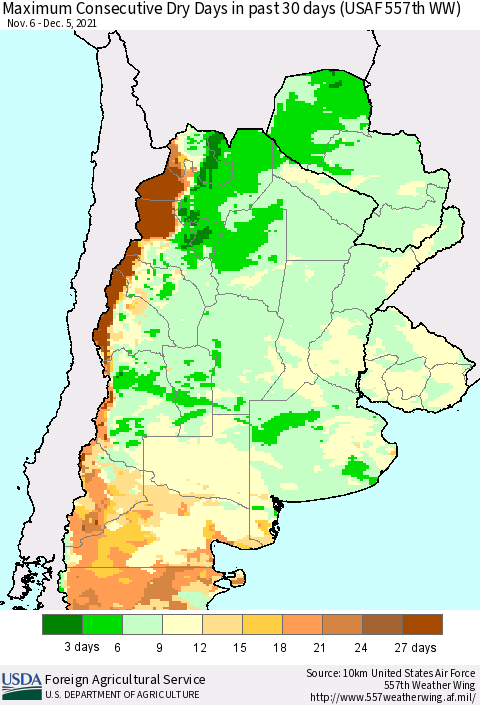 Southern South America Maximum Consecutive Dry Days in past 30 days (USAF 557th WW) 12/05/2021 Thematic Map For 11/29/2021 - 12/5/2021
