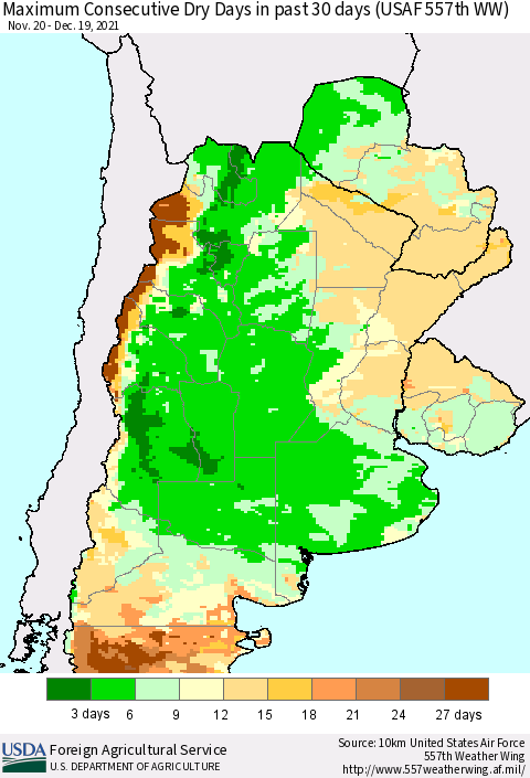 Southern South America Maximum Consecutive Dry Days in past 30 days (USAF 557th WW) 12/19/2021 Thematic Map For 12/13/2021 - 12/19/2021
