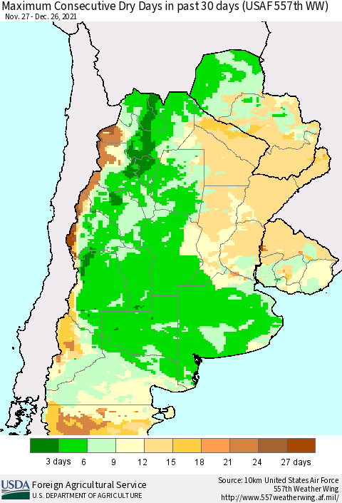 Southern South America Maximum Consecutive Dry Days in past 30 days (USAF 557th WW) 12/26/2021 Thematic Map For 12/20/2021 - 12/26/2021