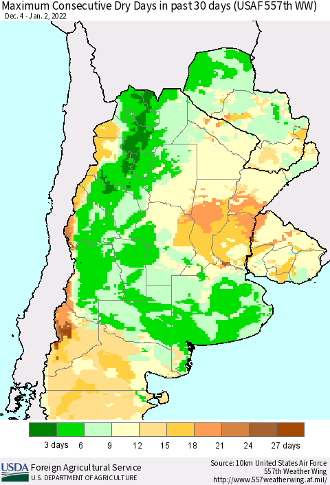 Southern South America Maximum Consecutive Dry Days in past 30 days (USAF 557th WW) 01/02/2022 Thematic Map For 12/27/2021 - 1/2/2022