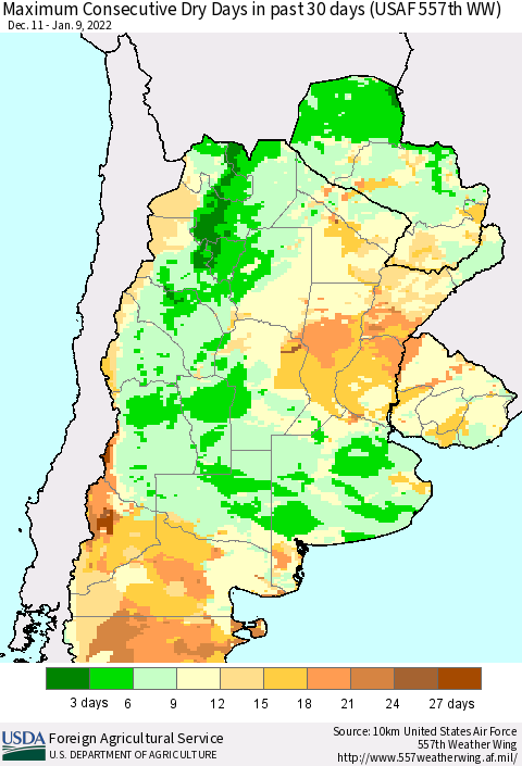 Southern South America Maximum Consecutive Dry Days in past 30 days (USAF 557th WW) 01/09/2022 Thematic Map For 1/3/2022 - 1/9/2022