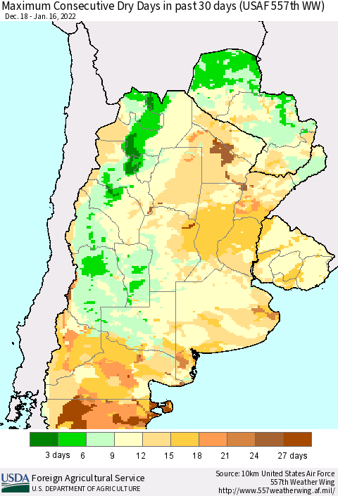 Southern South America Maximum Consecutive Dry Days in past 30 days (USAF 557th WW) 01/16/2022 Thematic Map For 1/10/2022 - 1/16/2022