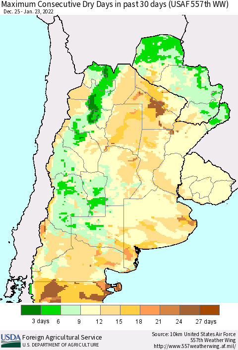 Southern South America Maximum Consecutive Dry Days in past 30 days (USAF 557th WW) 01/23/2022 Thematic Map For 1/17/2022 - 1/23/2022