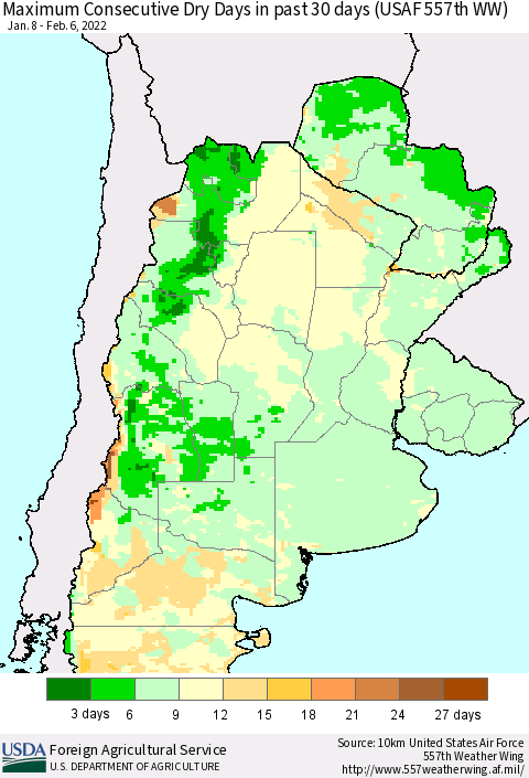 Southern South America Maximum Consecutive Dry Days in past 30 days (USAF 557th WW) 02/06/2022 Thematic Map For 1/31/2022 - 2/6/2022