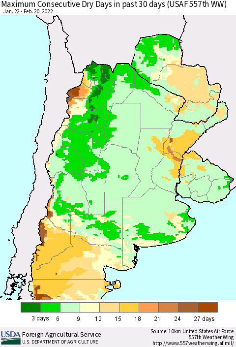 Southern South America Maximum Consecutive Dry Days in past 30 days (USAF 557th WW) 02/20/2022 Thematic Map For 2/14/2022 - 2/20/2022