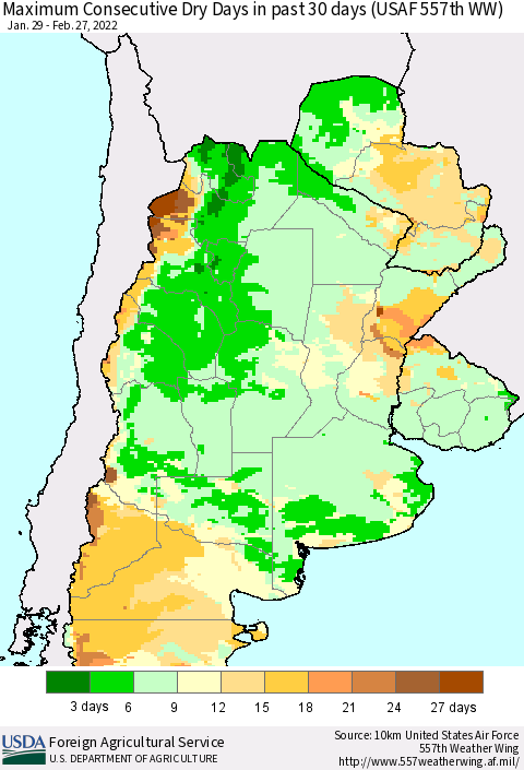 Southern South America Maximum Consecutive Dry Days in past 30 days (USAF 557th WW) 02/27/2022 Thematic Map For 2/21/2022 - 2/27/2022