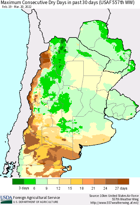 Southern South America Maximum Consecutive Dry Days in past 30 days (USAF 557th WW) 03/20/2022 Thematic Map For 3/14/2022 - 3/20/2022