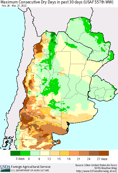 Southern South America Maximum Consecutive Dry Days in past 30 days (USAF 557th WW) 03/27/2022 Thematic Map For 3/21/2022 - 3/27/2022